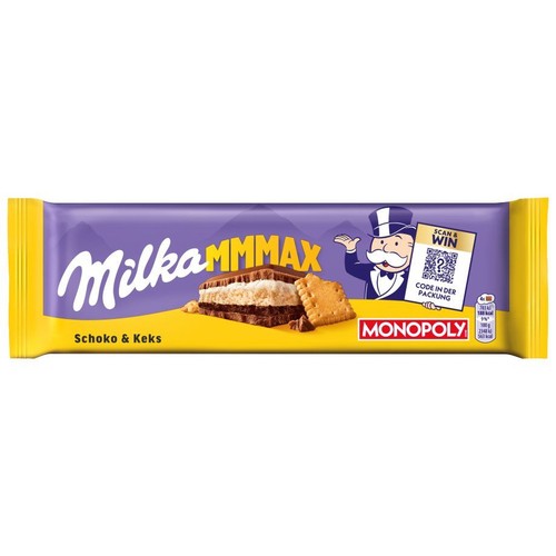 Opakowanie czekolady Milka MMMAX Czekolada i Herbatnik. Na fioletowym tle z żółtymi akcentami widnieje ilustracja warstwowej czekolady z kremem i herbatnika. Z boku widoczna grafika Pana Monopoly i hasło "Kod w opakowaniu".