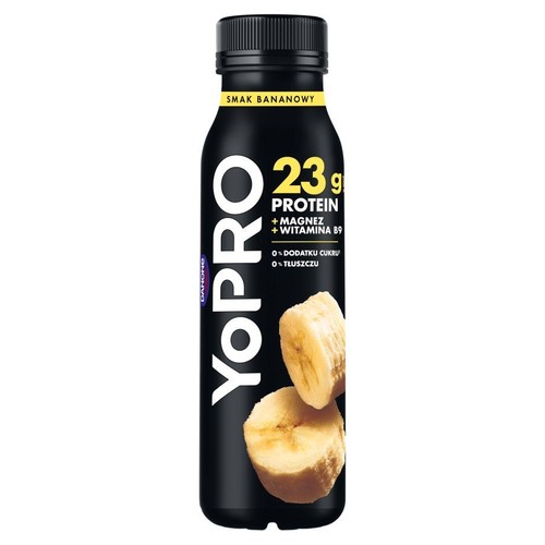 Napój proteinowy YoPRO o smaku bananowym. Zawiera 23g białka, magnez i witaminę B9. Bez dodatku cukru i tłuszczu.