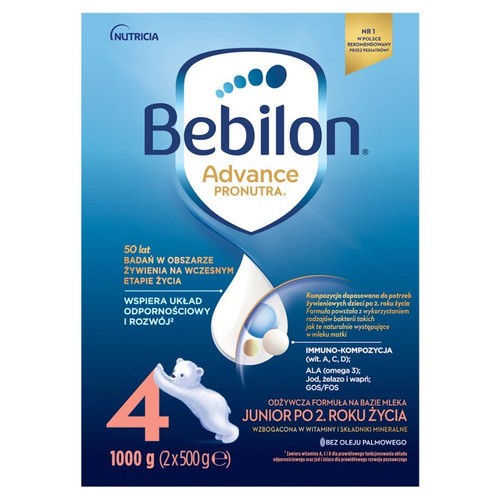 Mleko modyfikowane Bebilon Advance Pronutra Junior 4, 1000g. Bez oleju palmowego. Dla dzieci po 2. roku życia.