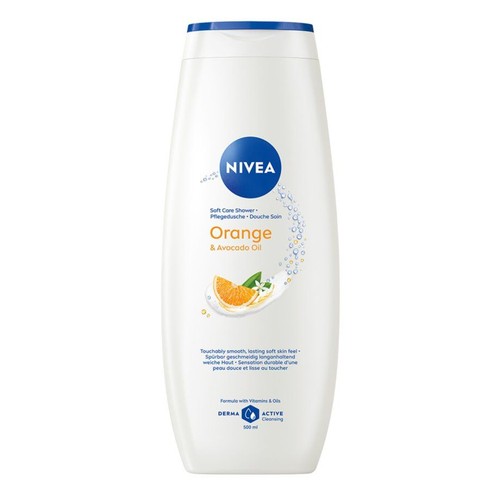 NIVEA Soft Care Shower z pomarańczą i olejkiem awokado w białej butelce z niebieską nakrętką, 500 ml.