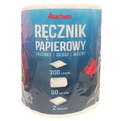 Ręcznik papierowy 2 warstwowy mocny 300 listków Auchan 1 rolka