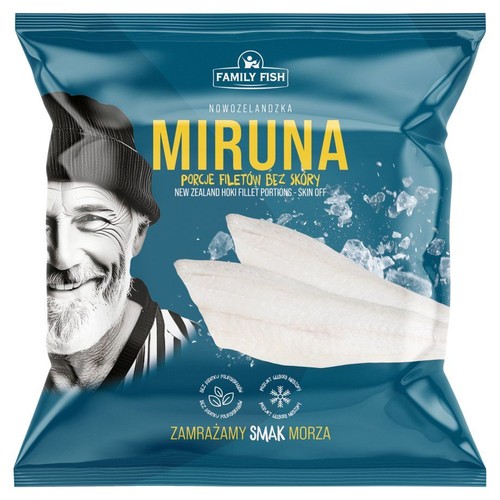 Opakowanie Family Fish Miruna Nowozelandzka, porcje filetów bez skóry. Na opakowaniu uśmiechnięty mężczyzna i dwa białe filety rybne.