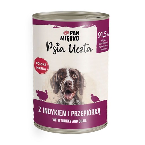 Karma mokra dla psów Psia Uczta Z indykiem i przepiórką   Pan Mięsko 400 g