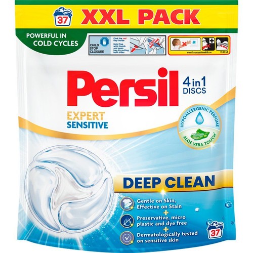 Opakowanie Persil 4w1 Discs Expert Sensitive, 37 kapsułek. Skuteczny w zimnych cyklach, hipoalergiczny, z aloesem.