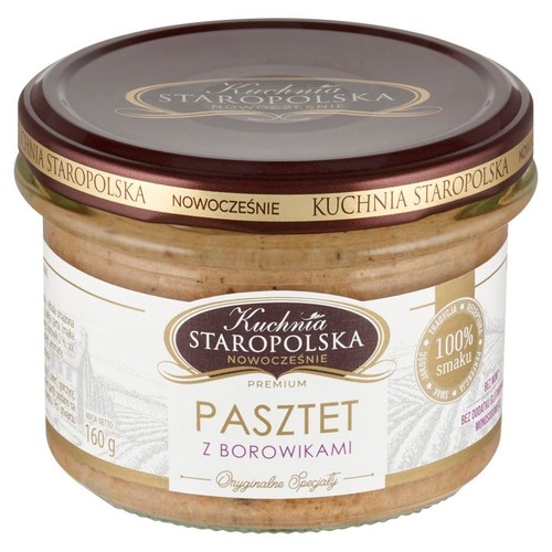 Pasztet z borowikami w szklanym słoiku z brązową zakrętką. Etykieta "Kuchnia Staropolska Nowocześnie", 160 g.