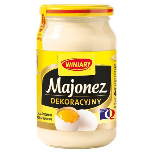 Majonez Winiary Dekoracyjny w szklanym słoiku z żółtą etykietą. Produkt bez konserwantów, z jaj ściółkowych.