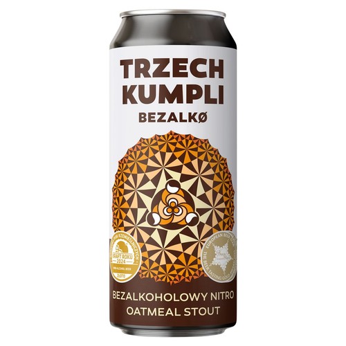 Puszka piwa Trzech Kumpli Bezalko Bezalkoholowy Nitro Oatmeal Stout. Biało-brązowa z geometrycznym wzorem i złotymi nagrodami.