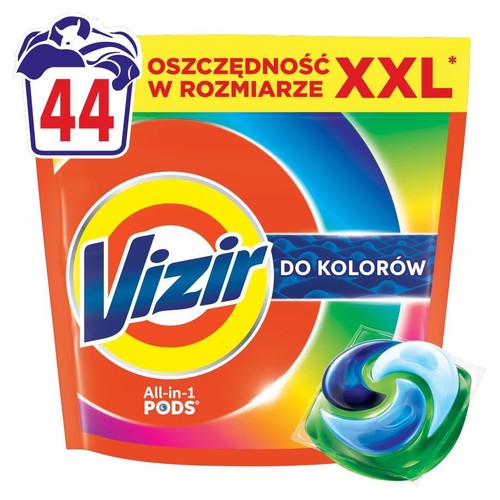Opakowanie Vizir All-in-1 PODS do kolorów, 44 sztuki. Pomarańczowo-żółte opakowanie z napisem "Oszczędność w rozmiarze XXL".