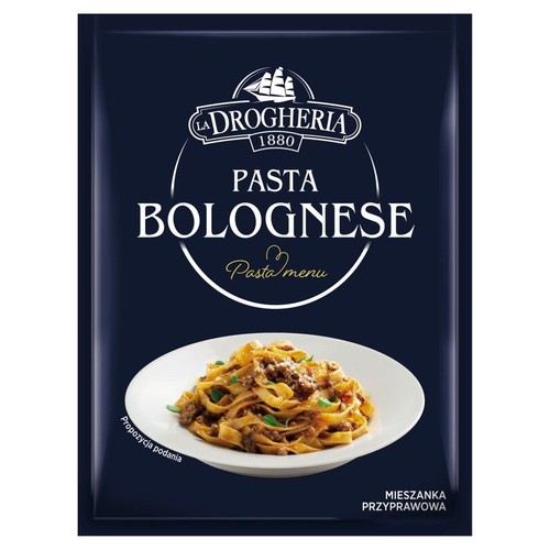 Ciemnoniebieskie opakowanie mieszanki przyprawowej La Drogheria 1880 Pasta Bolognese. Na froncie widnieje grafika przedstawiająca makaron tagliatelle z sosem bolognese na białym talerzu, oznaczona jako propozycja podania.