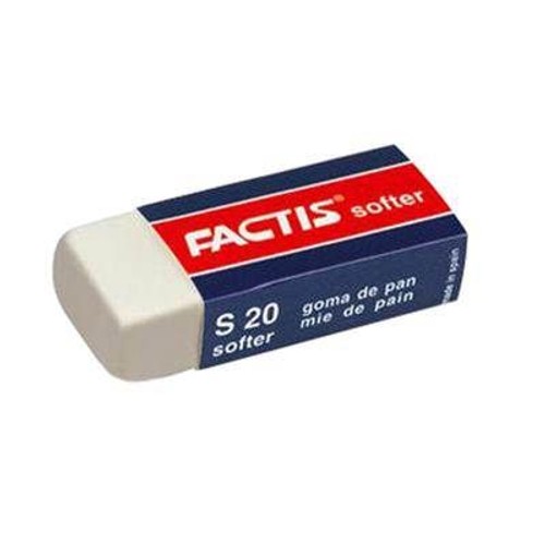 Biało-niebieska gumka do mazania Factis S 20 Softer, przeznaczona do miękkiego ścierania. Na niebieskim opakowaniu widnieje czerwone logo Factis oraz napisy "goma de pan" i "mie de pain", oznaczające gumkę chlebową.