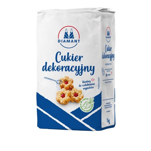 Biała torebka cukru dekoracyjnego Diamant, 1 kg. Na opakowaniu grafika ciastek posypanych cukrem.