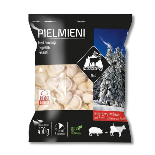 Pielmieni Mooroz, 450g, z mięsem wieprzowo-wołowym. Na opakowaniu zimowy krajobraz i logo z jeleniem.