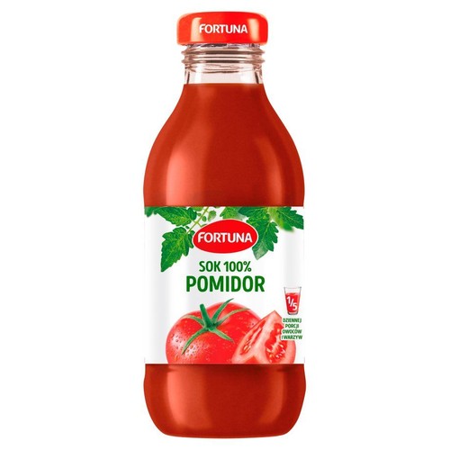 Szklana butelka soku pomidorowego Fortuna 100% z czerwoną zakrętką. Na białej etykiecie widnieje logo Fortuna, napis "Sok 100% Pomidor" oraz grafika całego pomidora i jego kawałka. Etykieta zawiera też informację o 1/5 dziennej porcji owoców i warzyw.