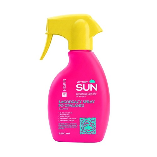 Różowa butelka sprayu Hiskin After Sun 250 ml z żółtym atomizerem. Łagodzący spray po opalaniu.