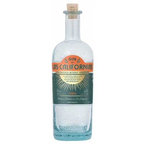 Gin Las Californias Citrico w szklanej butelce z korkiem. Etykieta z napisem 'Gin de Las Californias', 'Botaniki bez granic' i 'Wyprodukowano w Meksyku'. Na butelce wytłoczony napis 'Jesteśmy jednością'.