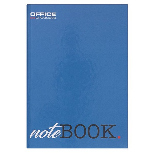 Niebieski notatnik z twardą, błyszczącą okładką, ustawiony pionowo. W lewym górnym rogu znajduje się logo "OFFICE products" w kolorach białym i czerwonym. Na dole okładki widnieje napis "noteBOOK" w dwóch stylach czcionki.