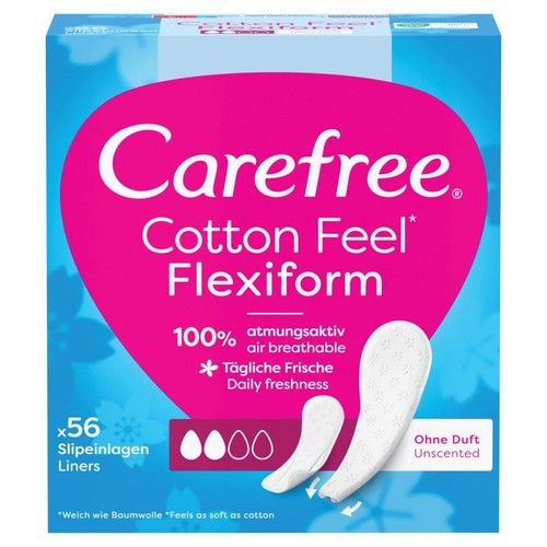 Opakowanie wkładek higienicznych Carefree Cotton Feel Flexiform, 56 sztuk. Bezzapachowe, oddychające, miękkie jak bawełna.