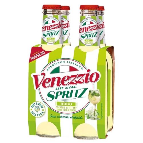 Venezzio Spritz Hugo, 4-pak bezalkoholowego musującego koktajlu o smaku kwiatu czarnego bzu. Opakowanie w zielono-białe pasy.