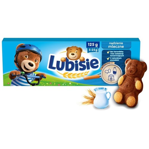 Opakowanie ciastek Lubisie z nadzieniem mlecznym, 125g. Obok ciastko w kształcie misia, dzbanek mleka i kłosy zboża.