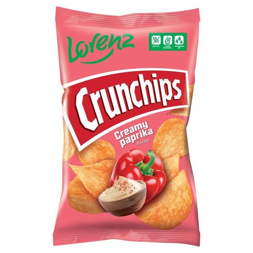 Chipsy Lorenz Crunchips, smak śmietankowej papryki, w różowym opakowaniu. Widoczne ikony: bezglutenowe, bez sztucznych barwników.
