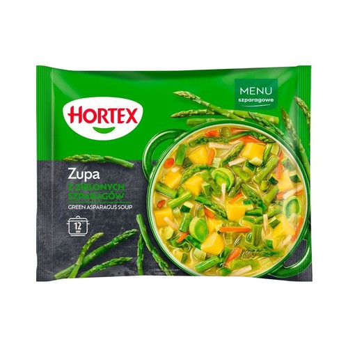 Opakowanie zupy Hortex Zielonych Szparagów. Na zielono-szarym tle grafika garnka z zupą i szparagami. Czas przygotowania 12 minut.