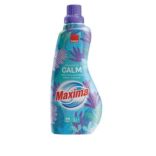 Płyn do płukania Sano Maxima Chwile Spokoju, ultra skoncentrowany. Butelka 1 litr, 40 prań, turkusowo-fioletowy wzór.