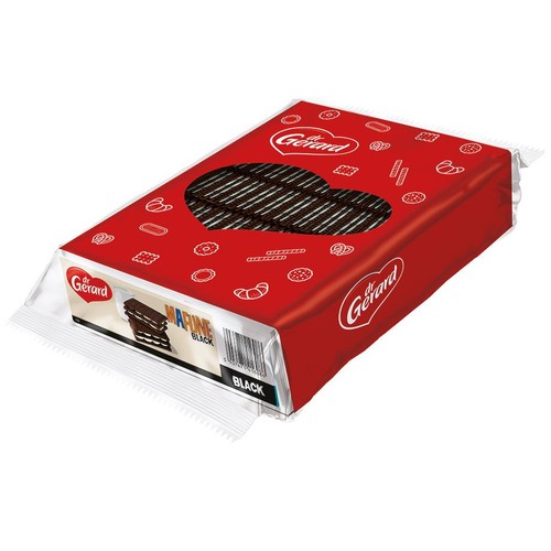 Opakowanie ciastek Dr Gerard Mafijne Black 800g. Czerwona folia z przezroczystym oknem ukazującym ciemne, warstwowe ciastka.