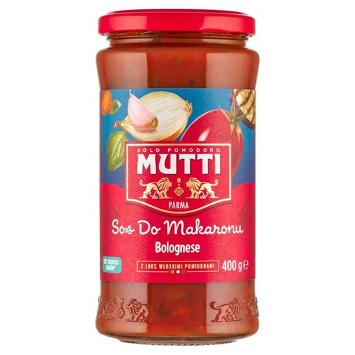 Szklany słoik sosu Mutti Bolognese do makaronu, o wadze 400g. Na czerwono-niebieskiej etykiecie widnieją ilustracje świeżych pomidorów, czosnku, cebuli i bazylii. Produkt wykonany jest ze 100% włoskich pomidorów i nie zawiera dodatku cukru.