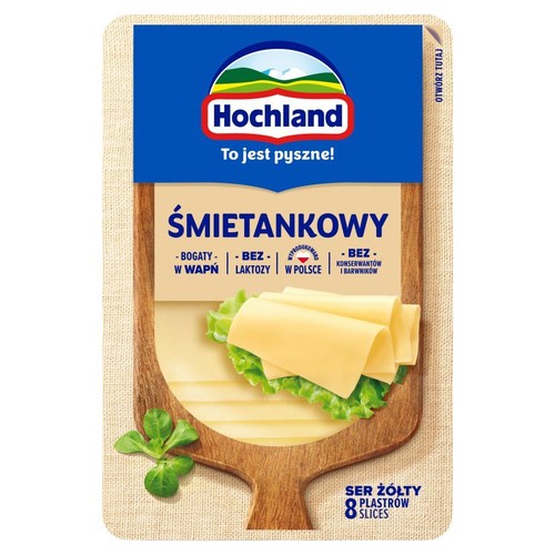 Opakowanie sera żółtego Hochland Śmietankowy, 8 plastrów. Bez laktozy, konserwantów i barwników. Bogaty w wapń.