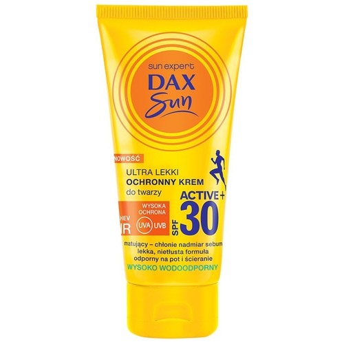 Żółta tuba kremu DAX Sun expert Active+ SPF 30. To ultra lekki ochronny krem do twarzy, zapewniający wysoką ochronę przed promieniowaniem HEV, UVA i UVB. Posiada matującą, nietłustą formułę, odporną na pot i wysoko wodoodporną.