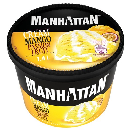 Czarny pojemnik lodów Manhattan Cream Mango Passion Fruit 1,4 L. Na wieczku gałka lodów, mango i marakuja.