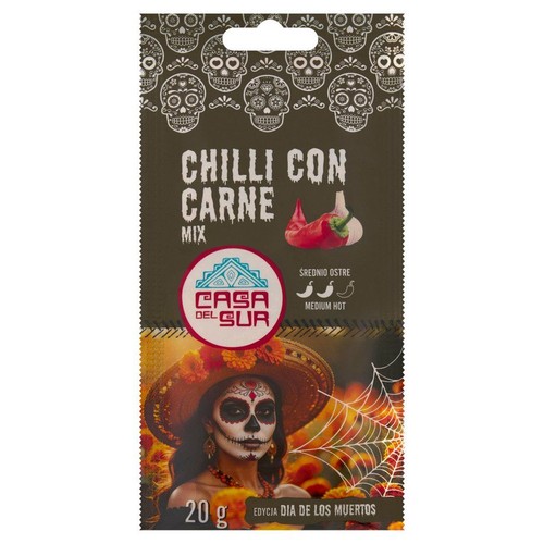 Opakowanie przyprawy Chili con Carne Mix, 20 g, średnio ostre. Zdobione motywami meksykańskiego Dnia Zmarłych.
