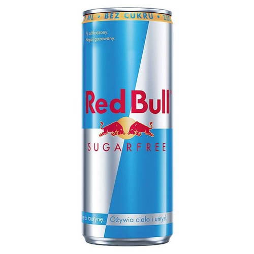Puszka Red Bull Sugarfree, 250 ml, napój energetyczny bez cukru. Srebrno-niebieskie opakowanie z logo byków.