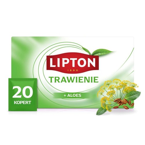Herbata Lipton Trawienie z aloesem, 20 saszetek. Opakowanie w zielono-białych barwach z ilustracją rośliny.