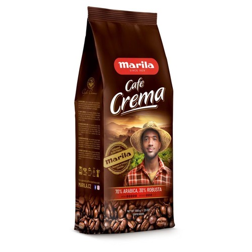 Kawa ziarnista Marila Cafe Crema, 1000g. Mieszanka 70% Arabica i 30% Robusta. Opakowanie z wizerunkiem plantatora.