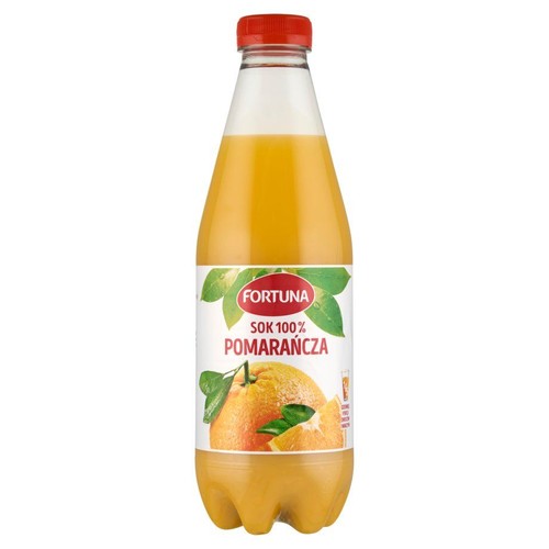 Sok pomarańczowy Fortuna w plastikowej butelce. Etykieta z napisem "Sok 100% Pomarańcza".