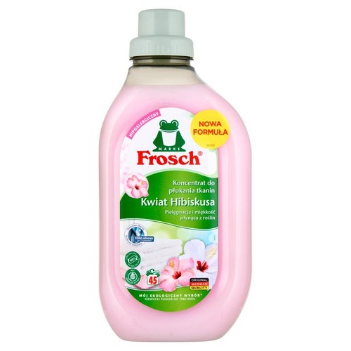 Frosch koncentrat do płukania tkanin Kwiat Hibiskusa, hipoalergiczny. Butelka z różową etykietą, zielona żabka, 45 prań.