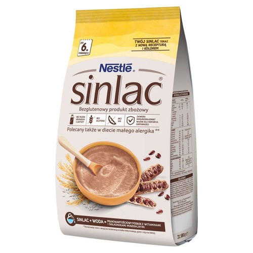 Nestle Sinlac, produkt zbożowy bezglutenowy i bez laktozy, dla niemowląt od 6 miesięcy. Wspiera odporność. 500g.
