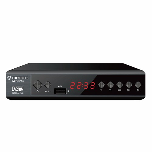Odbiornik naziemny Manta DVB-T2S PRO, czarny, z czerwonym cyfrowym wyświetlaczem i przyciskami funkcyjnymi.