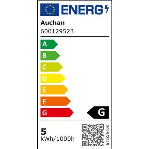 Unijna etykieta energetyczna dla produktu Auchan o numerze 600129523. Produkt posiada klasę efektywności energetycznej G, co jest najniższą kategorią. Jego zużycie energii wynosi 5 kilowatogodzin na 1000 godzin pracy.