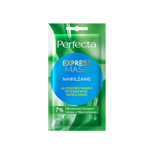 Perfecta Express Mask Nawilżanie. Zielono-niebieska saszetka z aloesową maską do intensywnego nawilżania. Zawiera 7% kompleks nawilżający, aloes i olej z pistacji. Produkt do pielęgnacji skóry, zapewniający głębokie nawilżenie.