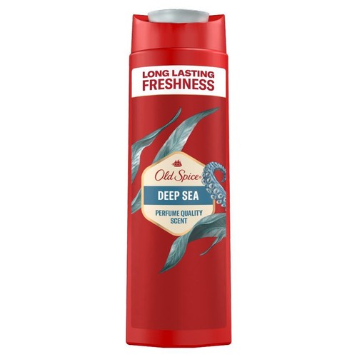 Czerwona butelka żelu pod prysznic Old Spice Deep Sea z szarą nakrętką. Na etykiecie grafika liści i macki ośmiornicy.