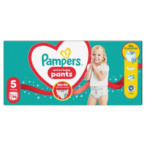 Pampers Active Baby Pants, rozmiar 5 (11-17 kg), 96 sztuk. Opakowanie z uśmiechniętym dzieckiem.