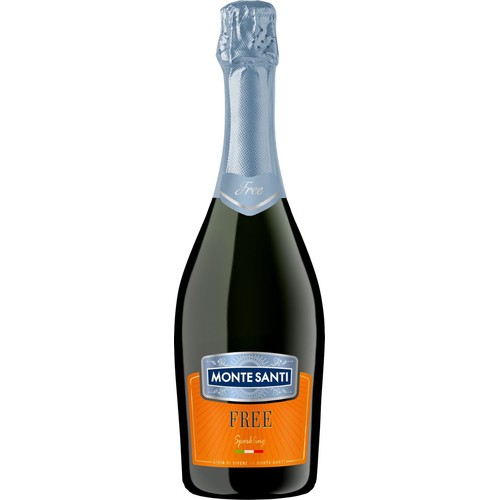 Monte Santi Free Sparkling w ciemnej butelce. Niebieska folia na szyjce, pomarańczowa etykieta z nazwą produktu.