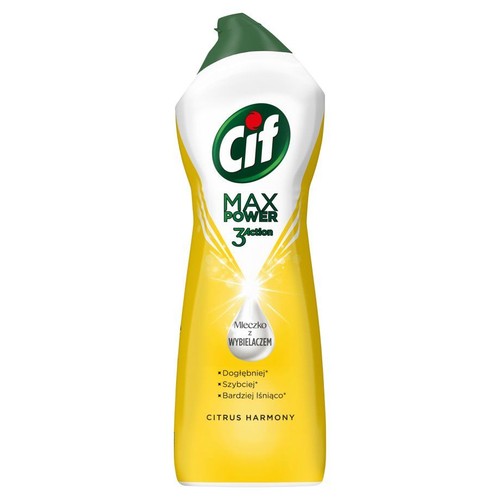 Żółto-biała butelka Cif Max Power 3 Action Mleczko z wybielaczem o zapachu Citrus Harmony. Ma zieloną nakrętkę.