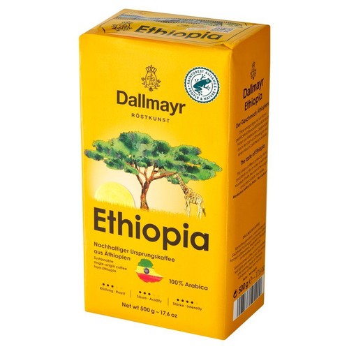 Kawa Dallmayr Ethiopia, 100% Arabica, 500g. Opakowanie z grafiką drzewa, żyrafy i słońca. Z certyfikatem Rainforest Alliance.