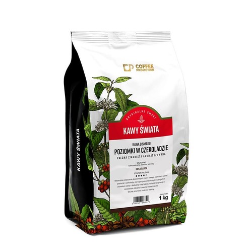 Kawa ziarnista aromatyzowana Kawy Świata, 1 kg, o smaku poziomki w czekoladzie. Produkt 100% Arabica, średnio palony. Biała torebka z grafiką krzewu kawowego i czerwoną etykietą z nazwą produktu.