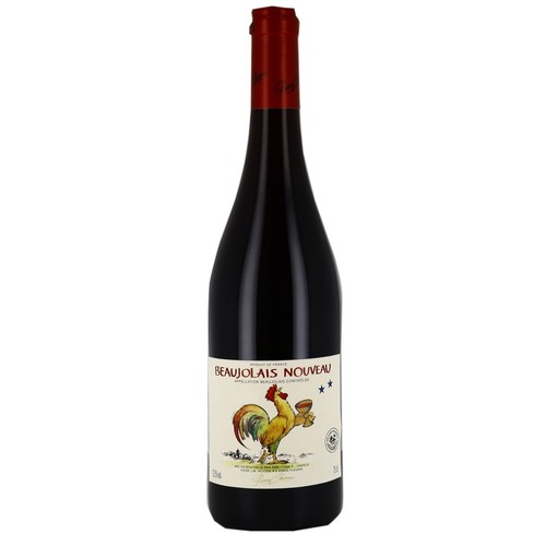 Butelka wina Beaujolais Nouveau 750ml z czerwoną zakrętką. Na etykiecie kolorowy kogut i napis "Beaujolais Nouveau".