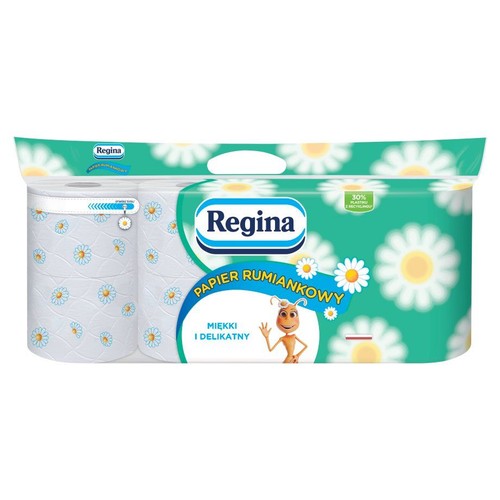 Papier toaletowy Regina, miękki i delikatny, z rumiankowym zapachem. Białe rolki mają wzór niebieskich i żółtych stokrotek.