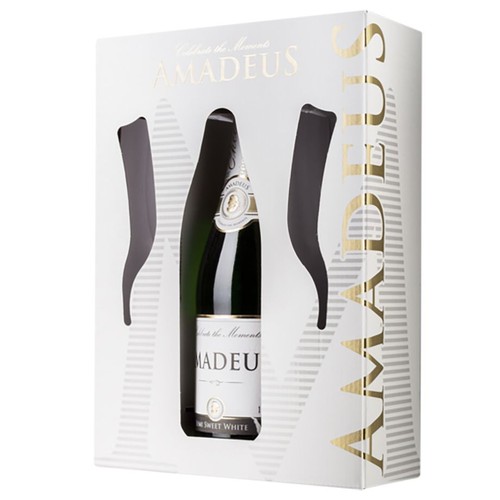 Wino białe półsłodkie musujące + 2 kieliszki alk. 10,5% obj.  AMADEUS 750 ml
